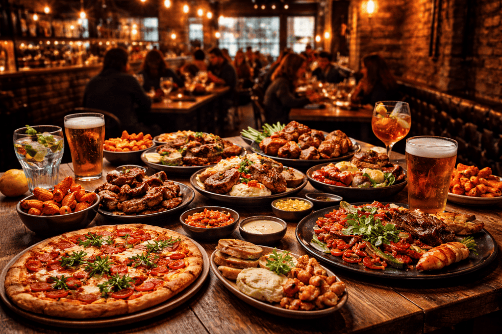 Gedeckter Restauranttisch in Manchester mit vielfältigen Gerichten, Getränken und städtischer