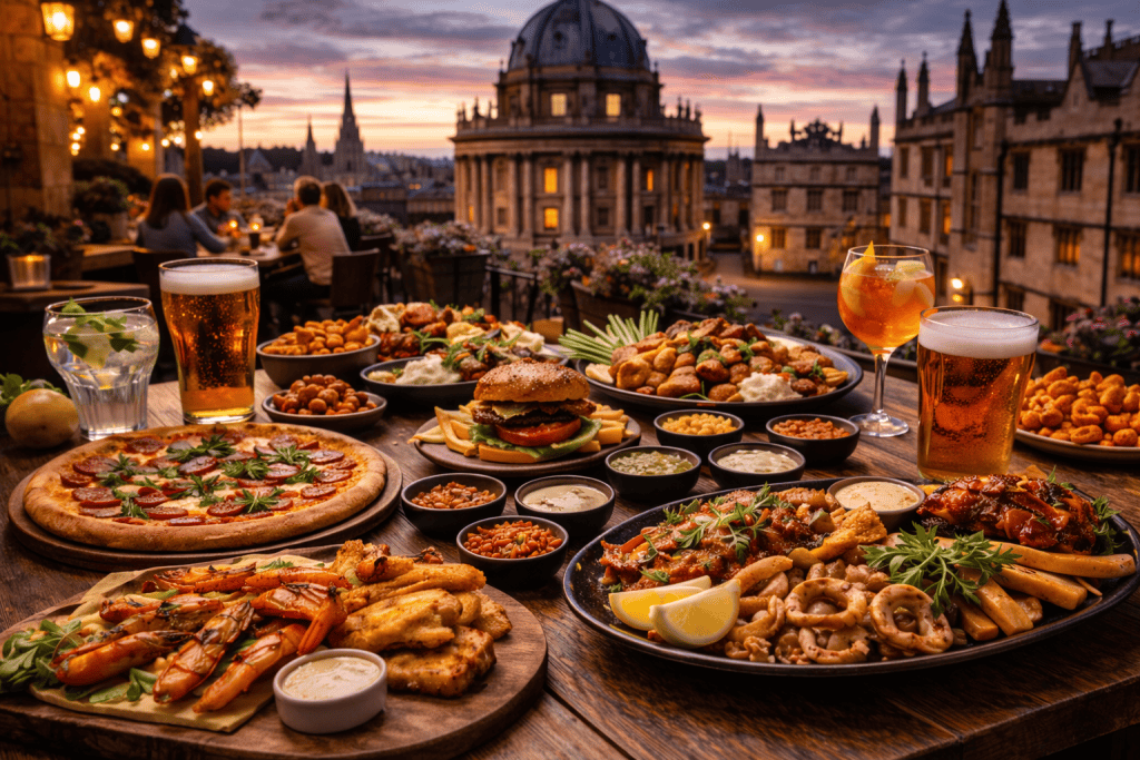 Restauranttisch in Oxford mit verschiedenen Gerichten vor historischer Stadtkulisse