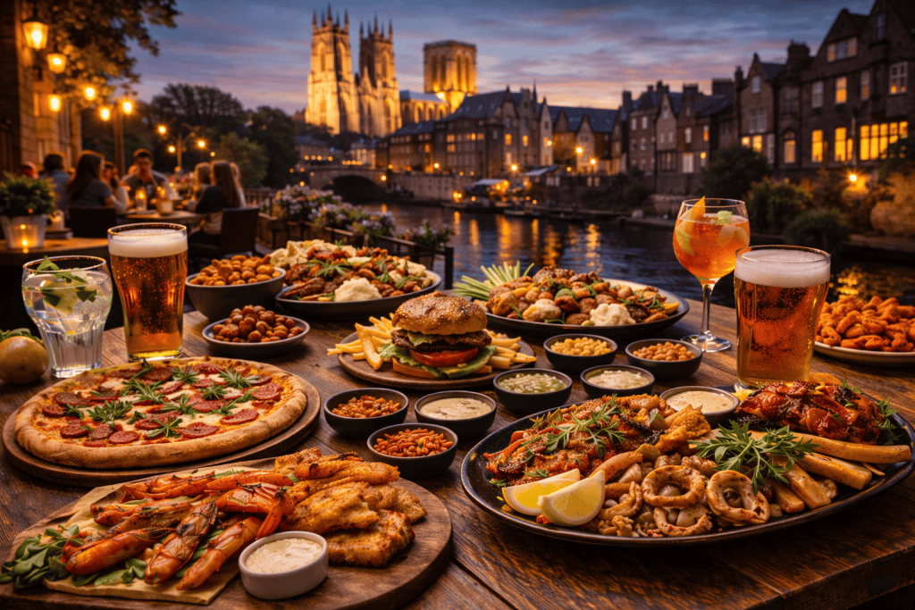 Restauranttisch in York mit vielfältigem Essen und Blick auf die historische Altstadt