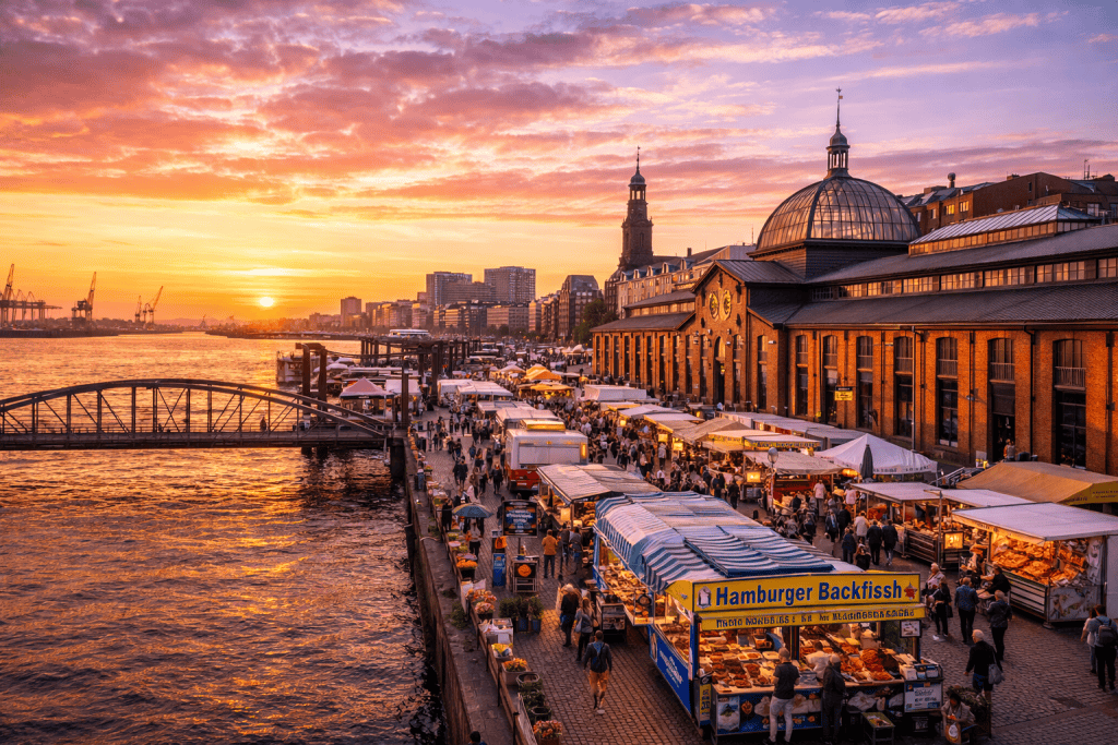 Fischmarkt Hamburg mit Marktständen und Hafenatmosphäre