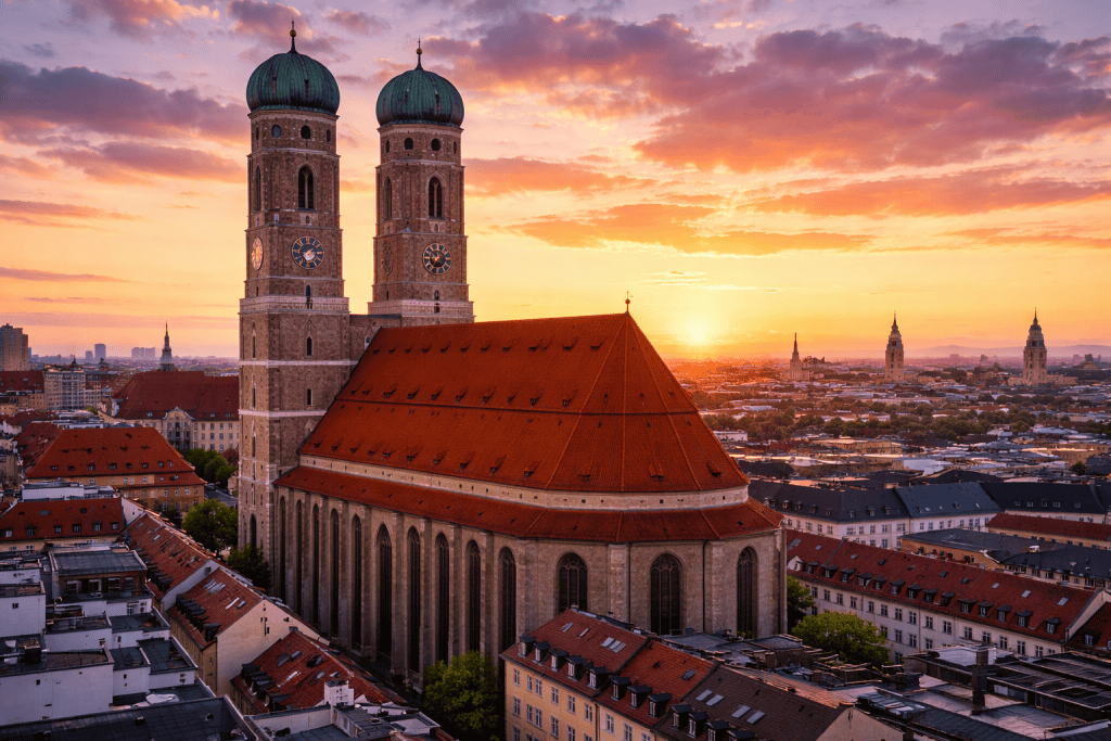Frauenkirche in München mit Zwillingstürmen und Blick über die Altstadt