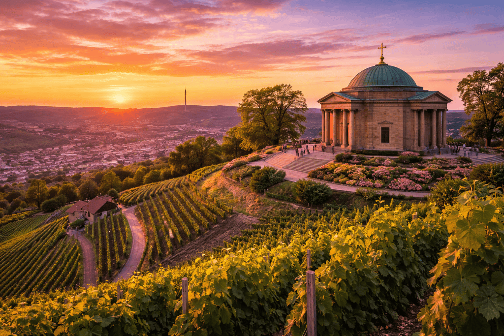 Grabkapelle auf dem Württemberg mit Blick über Weinberge