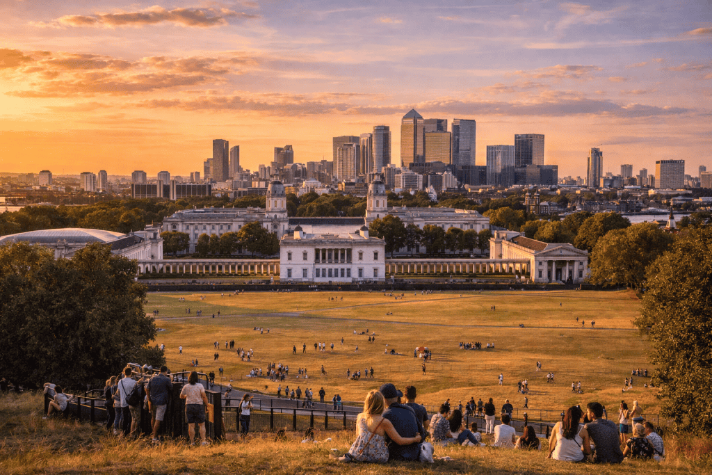 Blick auf Greenwich mit historischer Architektur, Grünflächen und Themse-Nähe