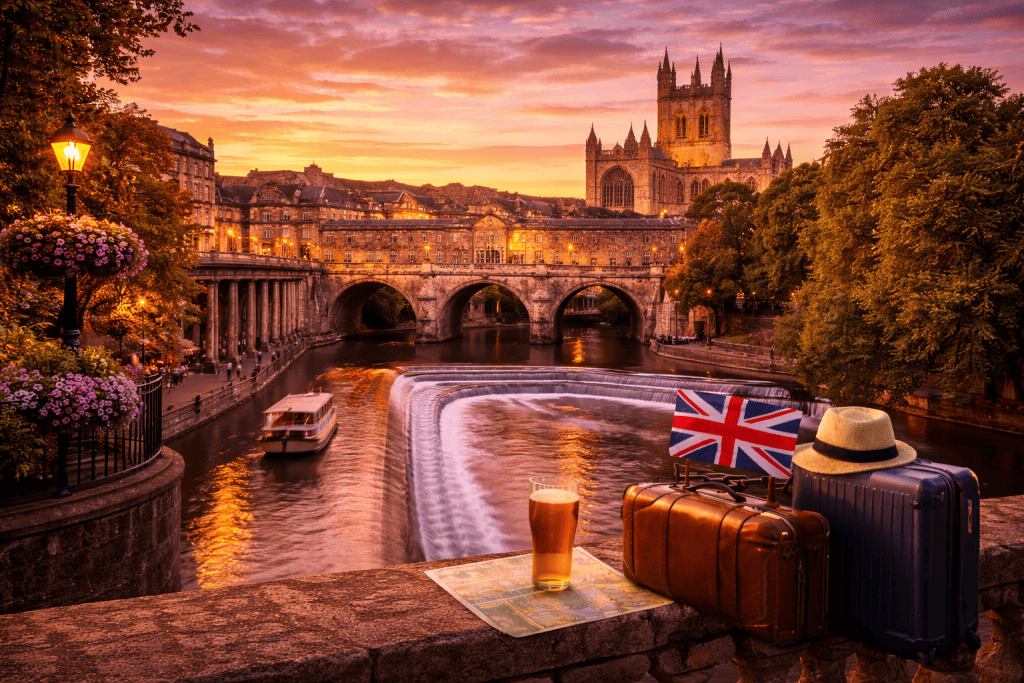 Pulteney Bridge und Bath Abbey bei Sonnenuntergang mit Blick auf den River Avon