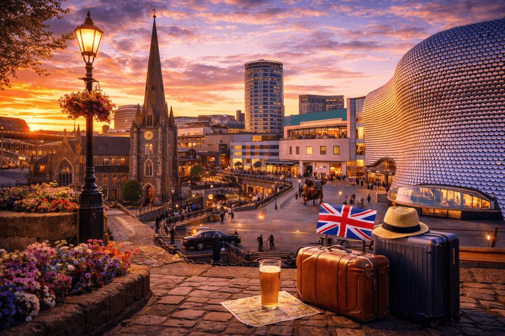 Birmingham Stadtzentrum bei Sonnenuntergang mit moderner Architektur und St Martin’s Church