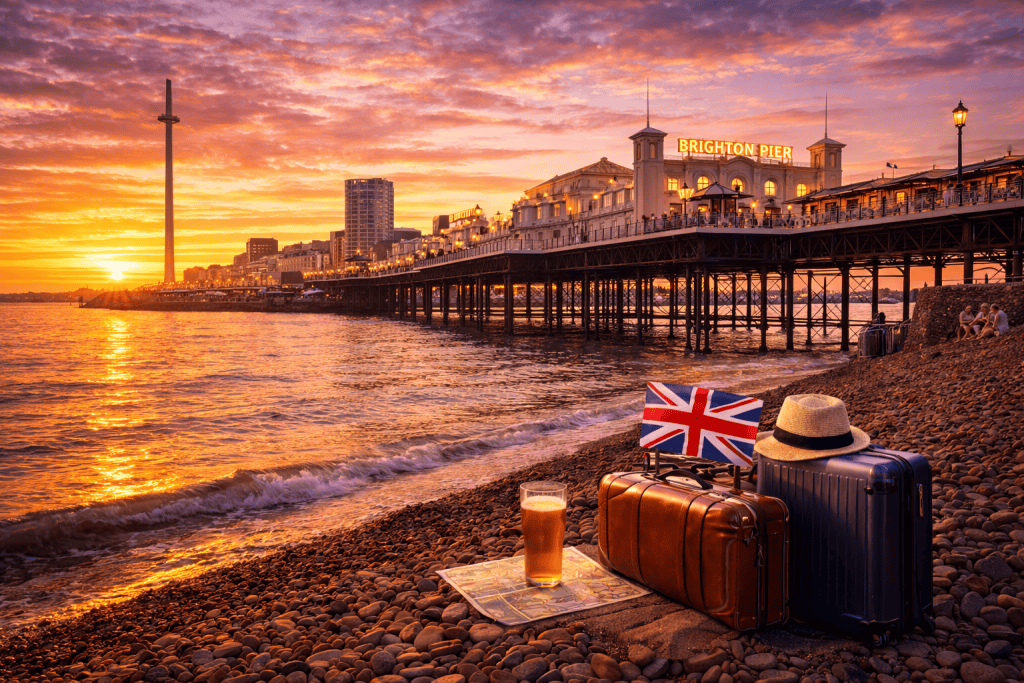 Brighton Pier bei Sonnenuntergang mit Kiesstrand, Meer und beleuchteter Promenade