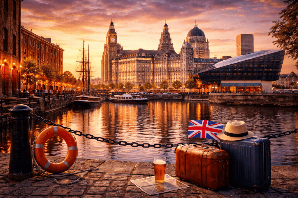 Liverpool Waterfront bei Abendlicht mit Royal Liver Building und Spiegelungen im Hafenbecken