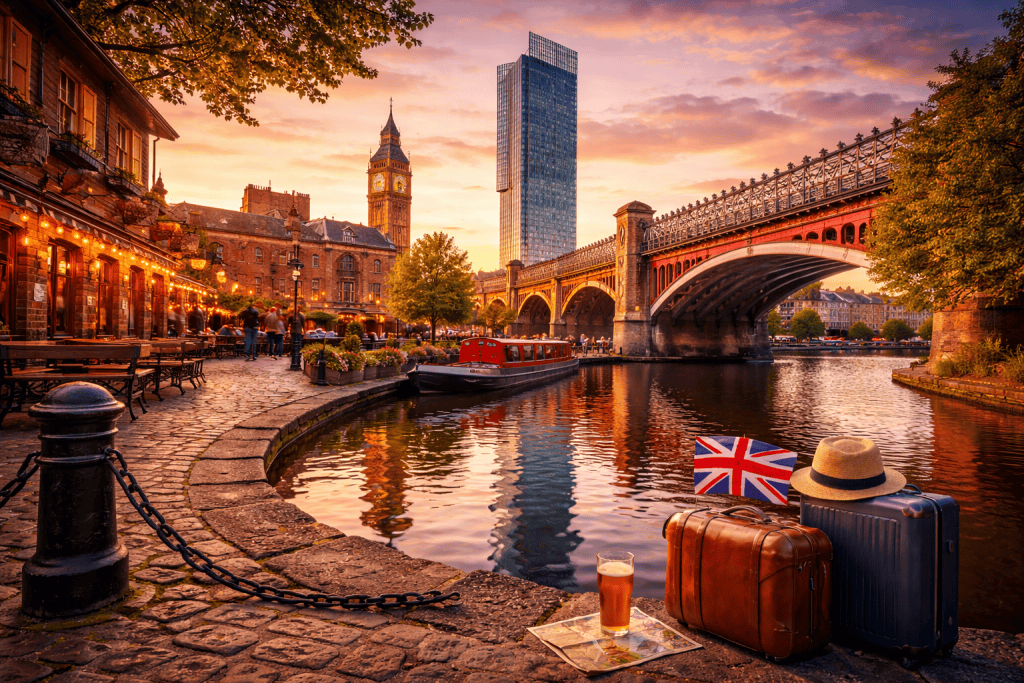 Sonnenuntergang am Kanal in Manchester mit historischer Backsteinarchitektur und moderner Skyline