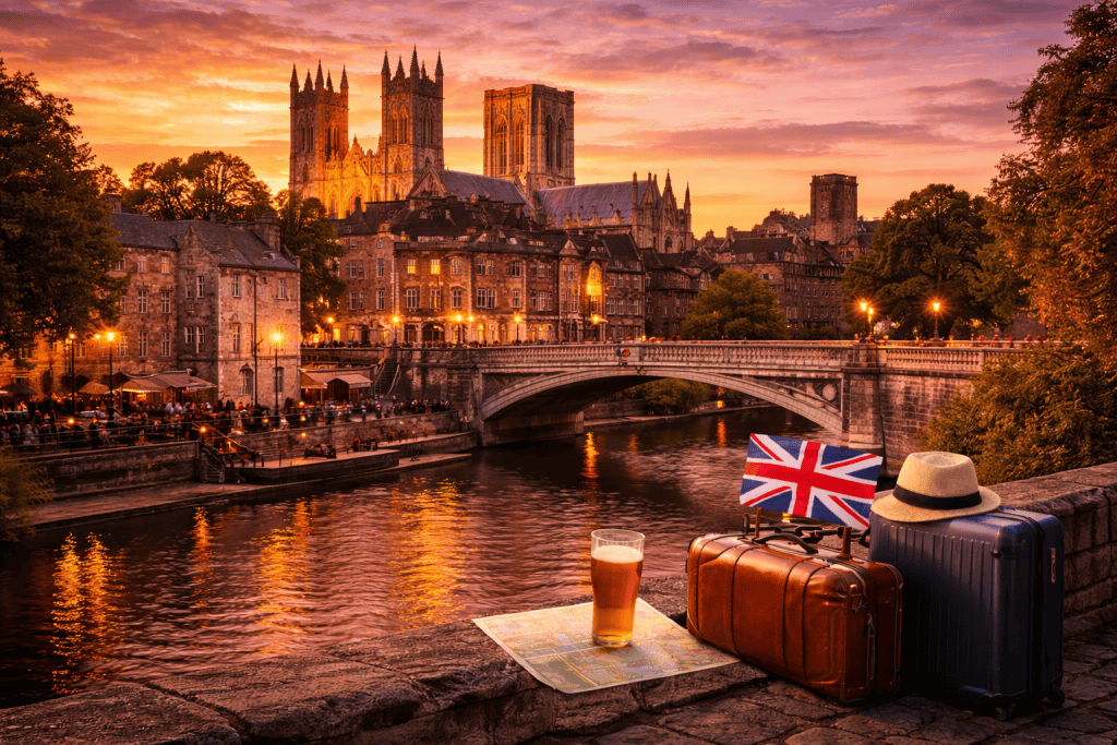 York Minster bei Abenddämmerung mit historischer Altstadt und Flussufer