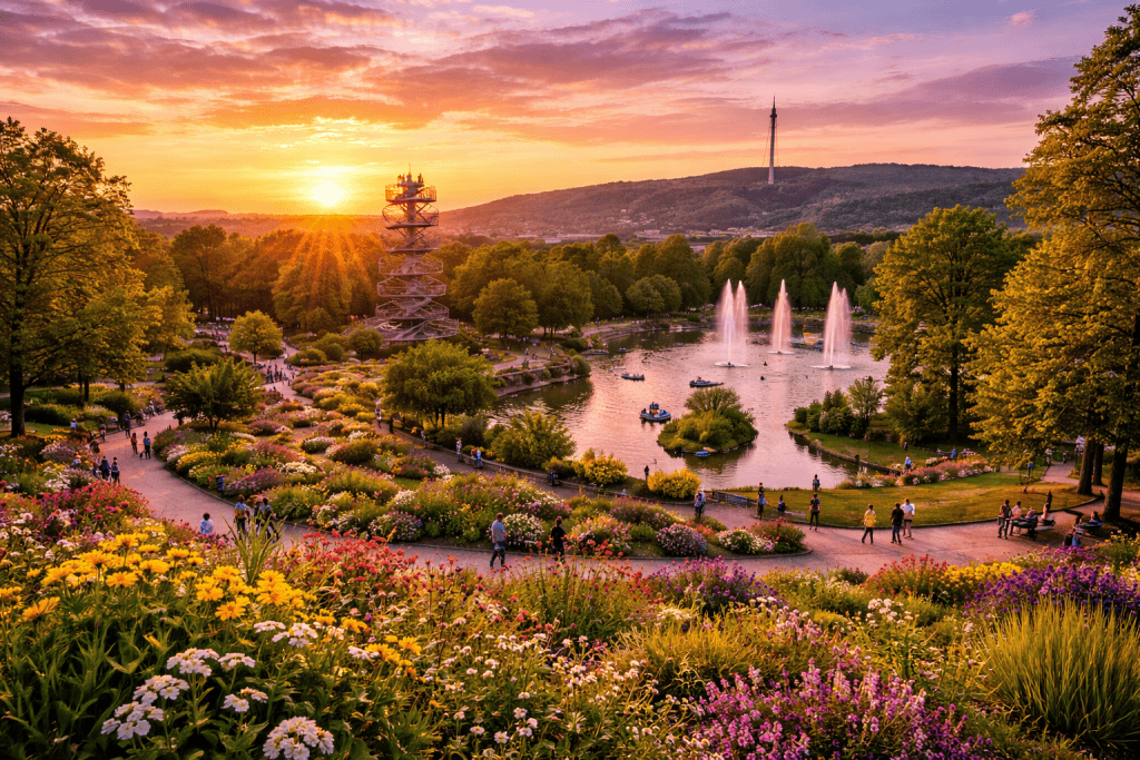 Blick auf den Killesbergpark bei Sonnenuntergang
