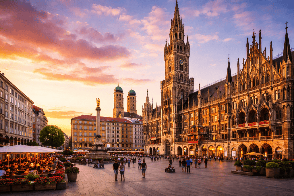 Marienplatz in München mit Neuem Rathaus und zentralem Stadtleben