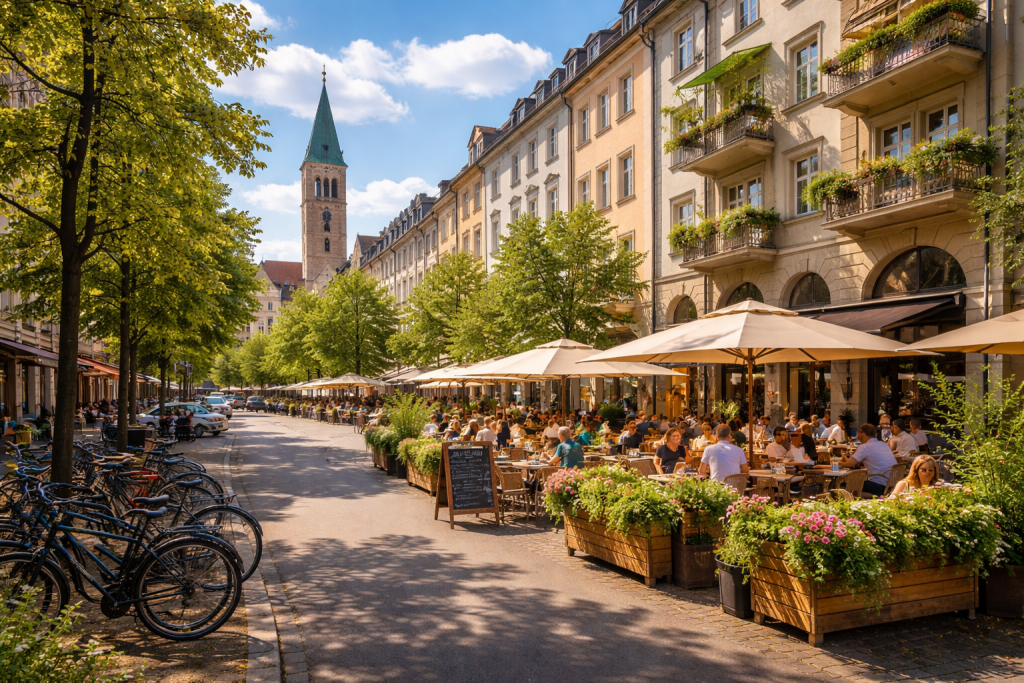 Sonniger Straßenzug in München-Neuhausen mit Cafés, historischen Altbauten, Fahrrädern und Blick auf einen Kirchturm unter blauem Himmel.