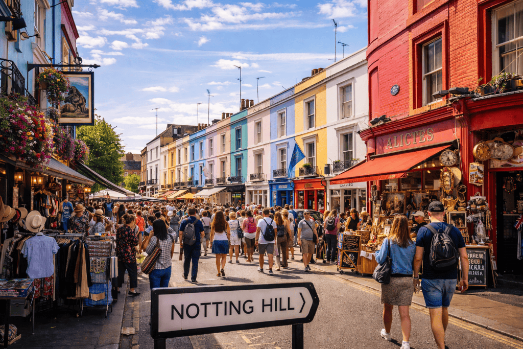 Farbenfrohe Häuser und ruhige Straße im Viertel Notting Hill in London