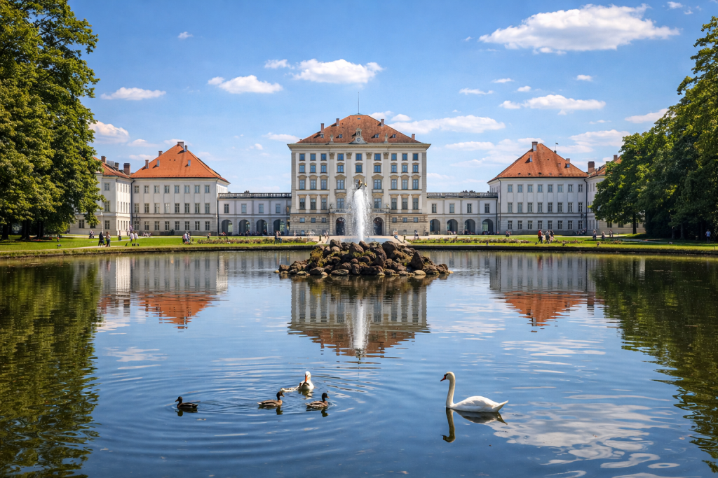 Schloss Nymphenburg in München bei Sonnenschein mit Spiegelung im Wasser und Parkanlage im Vordergrund.