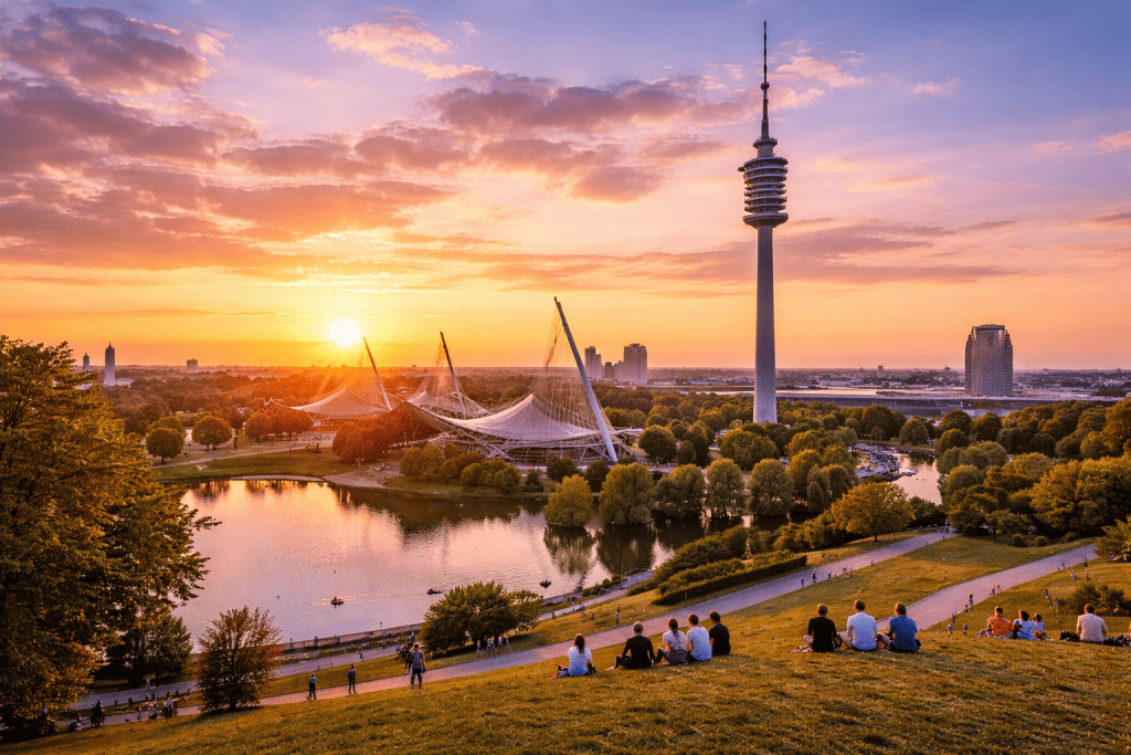 Olympiapark München mit Zeltdach und Olympiaturm