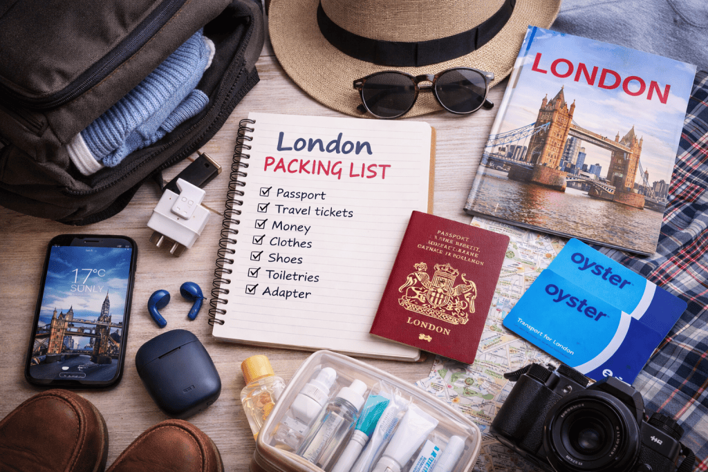 Packliste für London mit Kleidung, Reiseführer und Smartphone