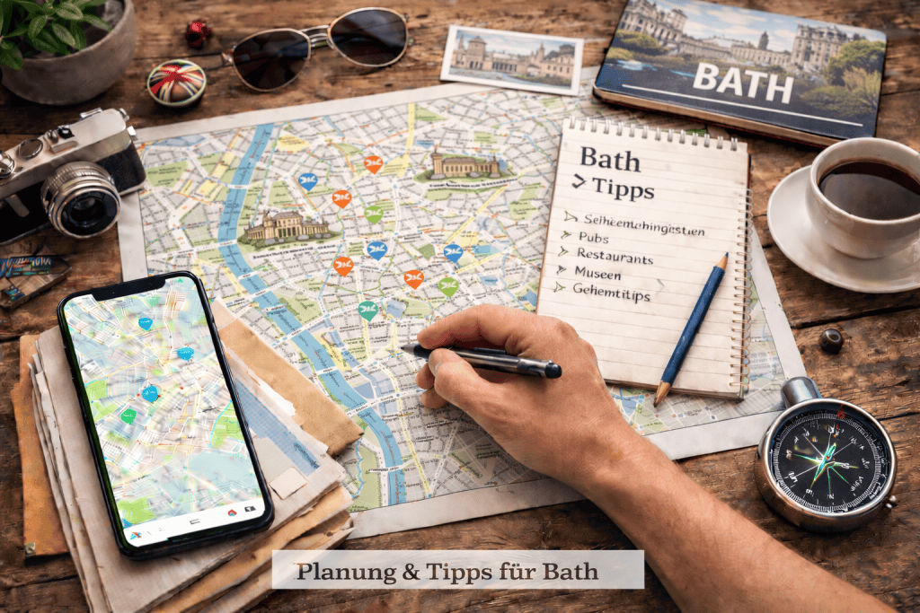 Stadtplan von Bath mit Smartphone, Karten, Notizen und modernem Kompass