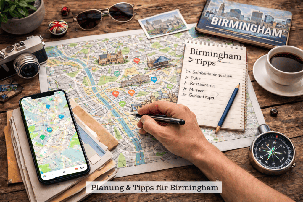 Stadtplan von Birmingham mit Smartphone, Kartenmaterial und modernem Kompass auf Tisch
