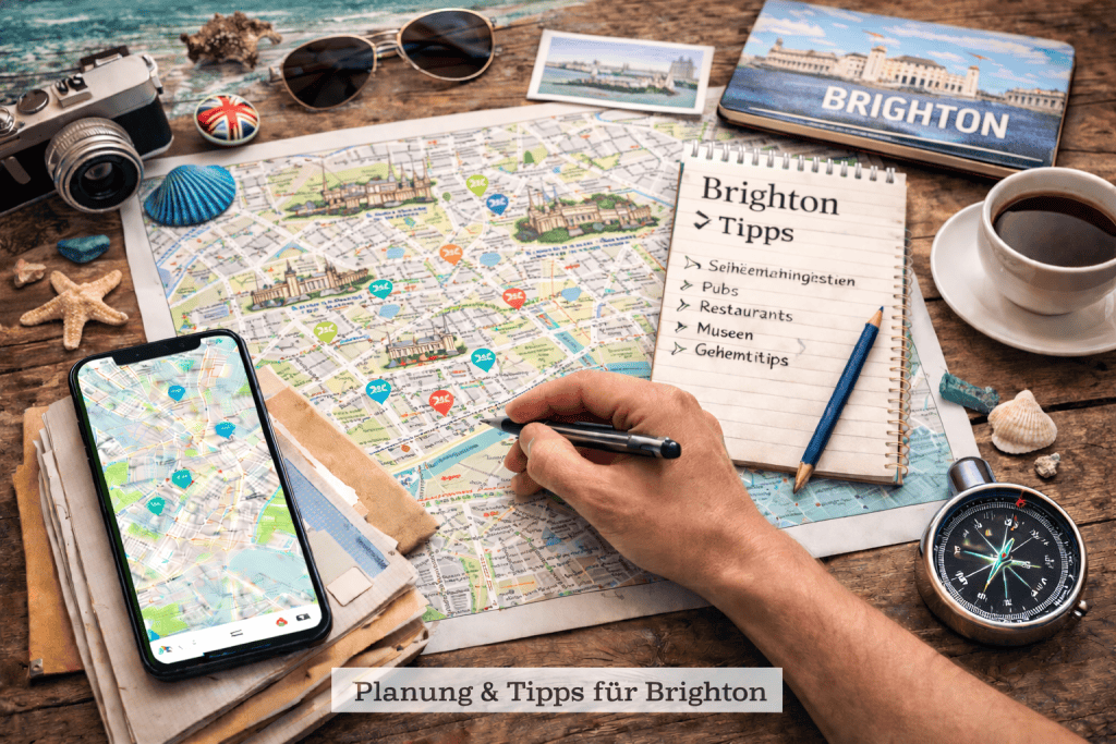 Stadtplan von Brighton mit Smartphone, Karten, Notizbuch und Kompass in maritimer Atmosphäre