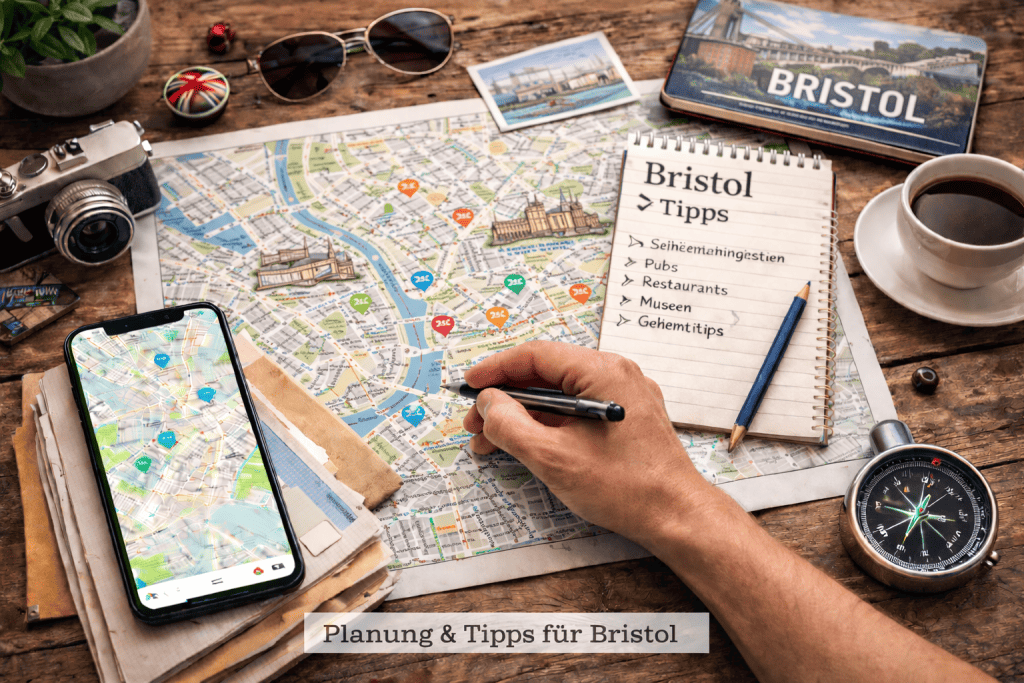 Stadtplan von Bristol mit Handy, Reisekarten, Notizen und modernem Kompass