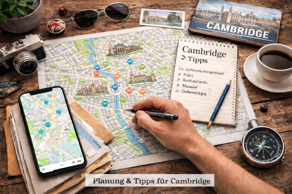 Stadtplan von Cambridge mit Smartphone, Kartenmaterial und modernem Kompass auf Holztisch
