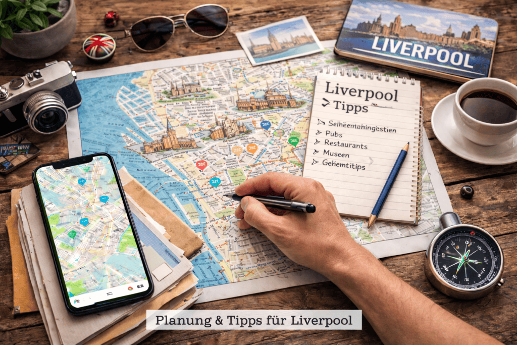 Stadtplan von Liverpool mit Handy, Reisekarten, Notizbuch und Kompass in urbaner Umgebung