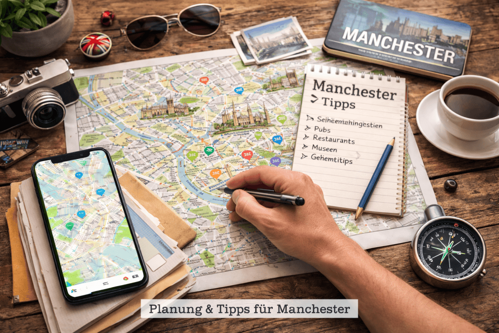 Stadtplan von Manchester mit Smartphone, Notizbuch, Reisekarten und modernem Kompass auf Holztisch