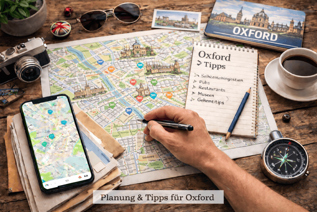 Stadtplan von Oxford mit Handy, Reisekarten, Notizen und modernem Kompass