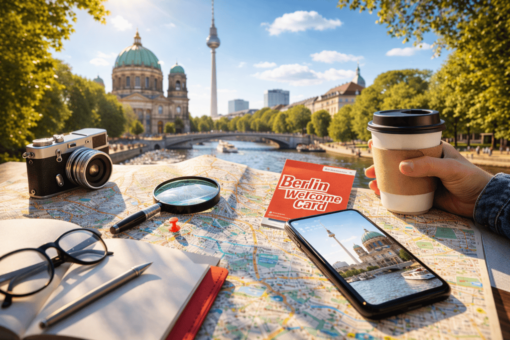 Berlin Stadtplan mit Smartphone und Tickets auf einem Tisch