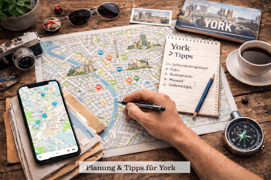 Stadtplan von York mit Handy, Reisekarten, Notizbuch und modernem Kompass