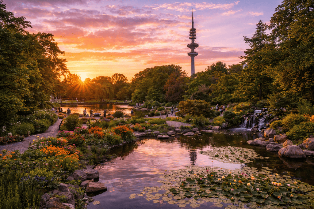 Planten un Blomen in Hamburg mit Parkanlagen und Wasserflächen