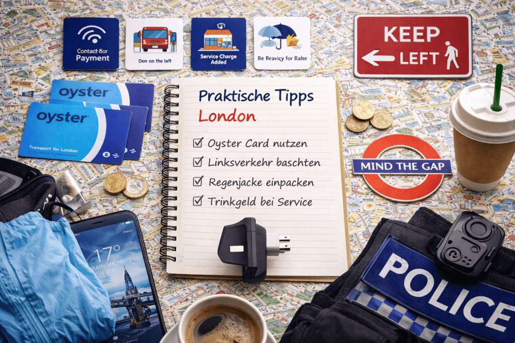 Smartphone mit London-Guide App, Adapter und Stadtkarte