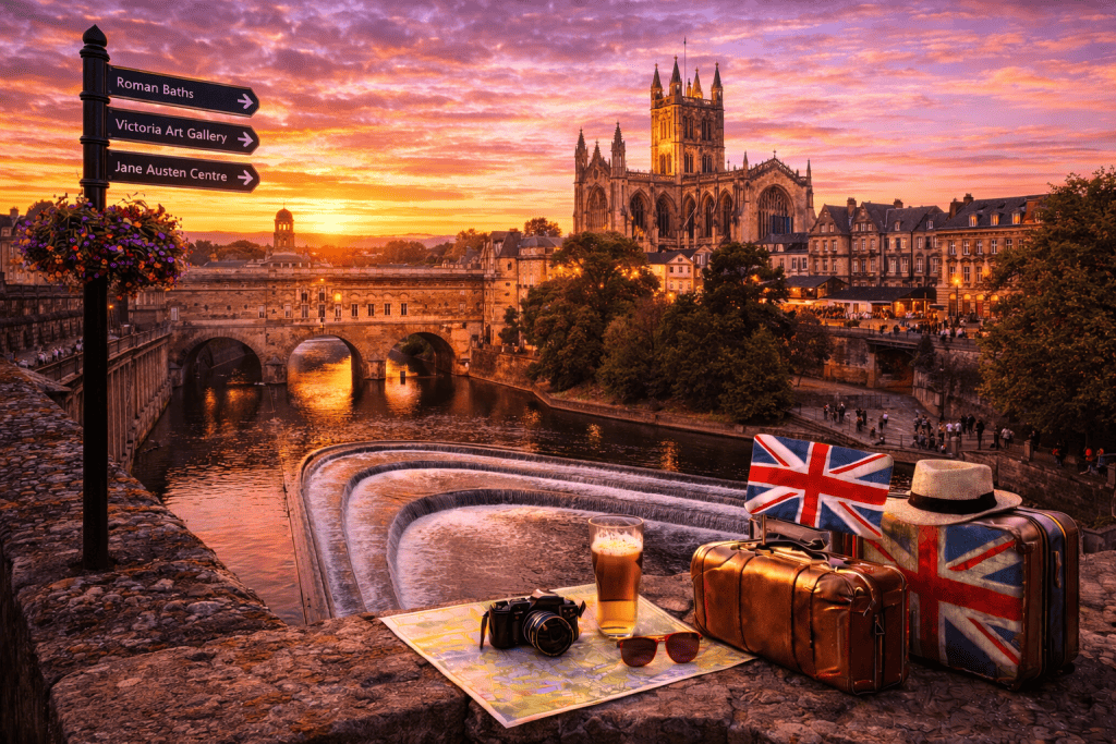 Pulteney Bridge und Bath Abbey bei Sonnenuntergang mit Blick auf den River Avon