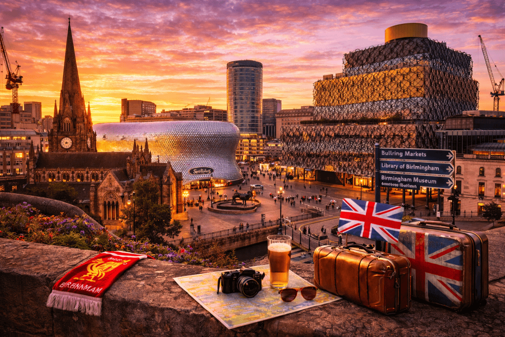 Birmingham Stadtzentrum bei Sonnenuntergang mit Bullring, St Martin’s Church und moderner Architektur