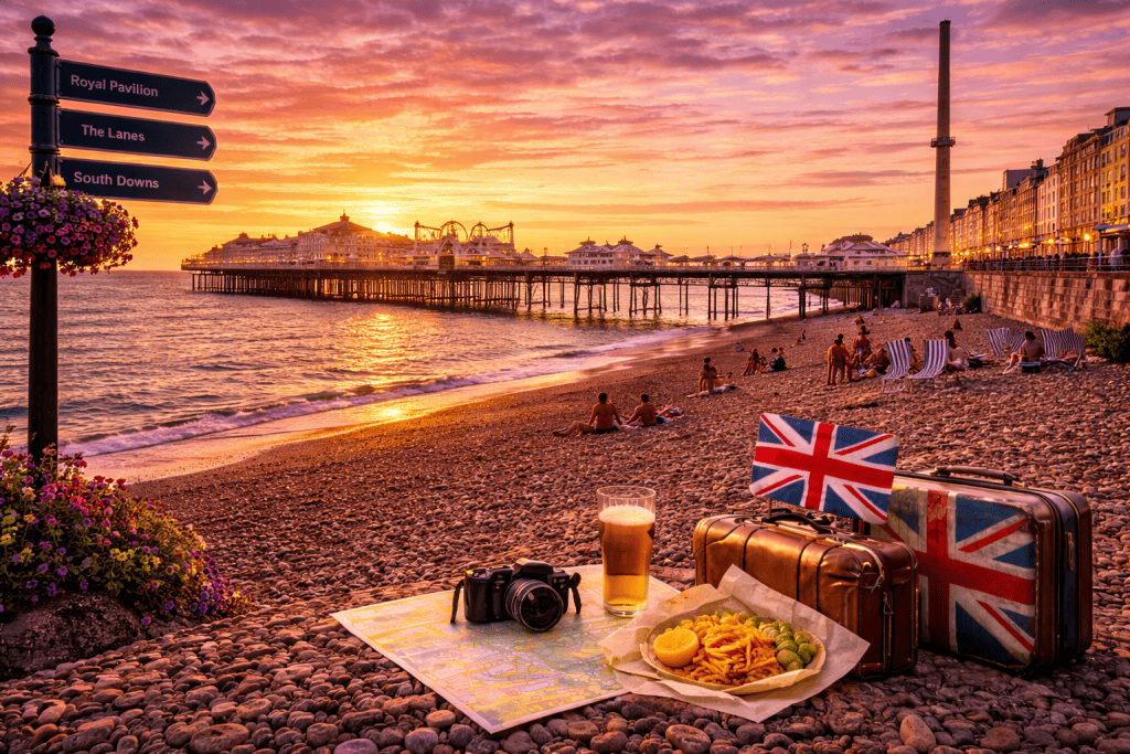 Brighton Pier bei Sonnenuntergang mit Kiesstrand, Meer und Küstenpromenade