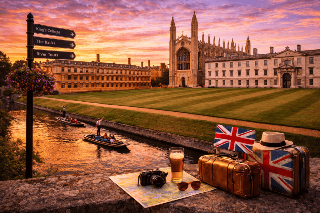 King’s College Chapel in Cambridge mit River Cam und Booten bei Sonnenuntergang