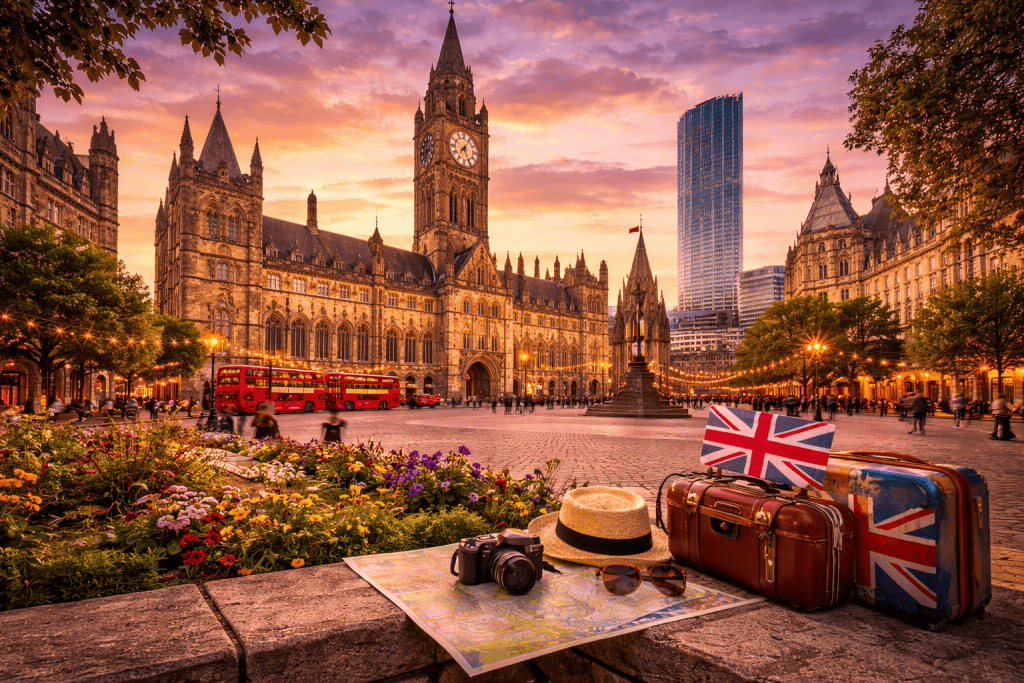 Zentrum von Manchester mit historischen Gebäuden und moderner Stadtkulisse