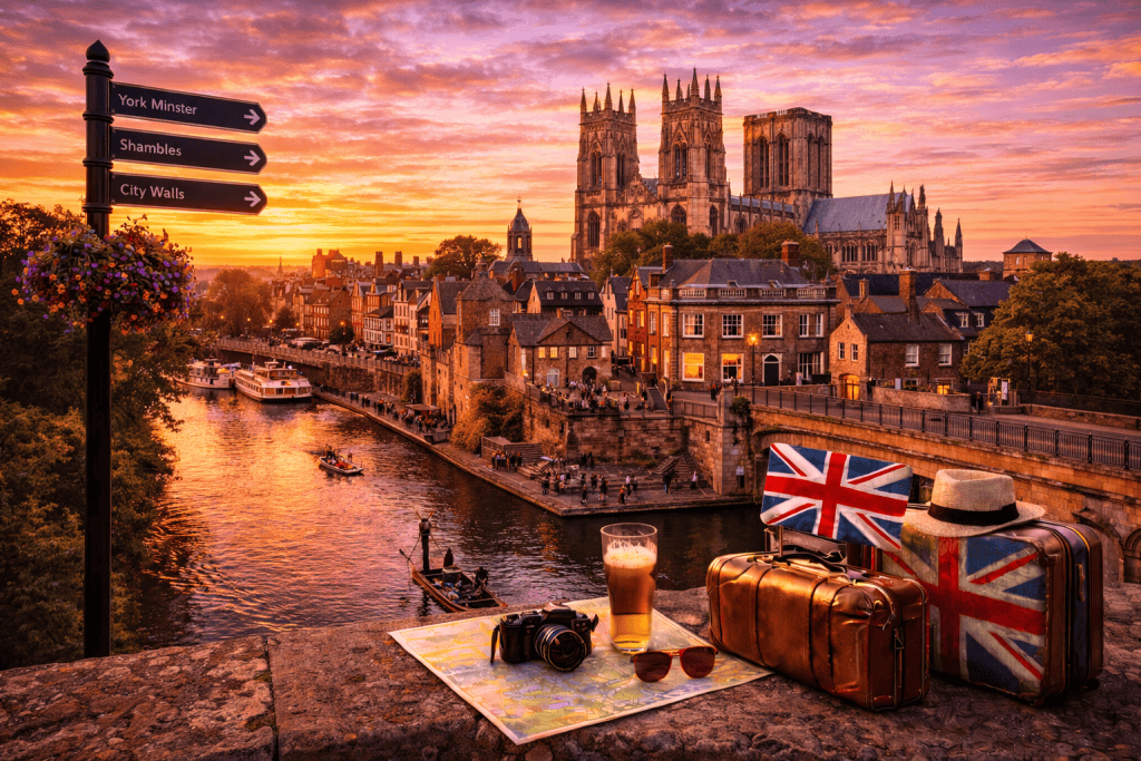 York Minster bei Abenddämmerung mit historischer Altstadt und Flussufer