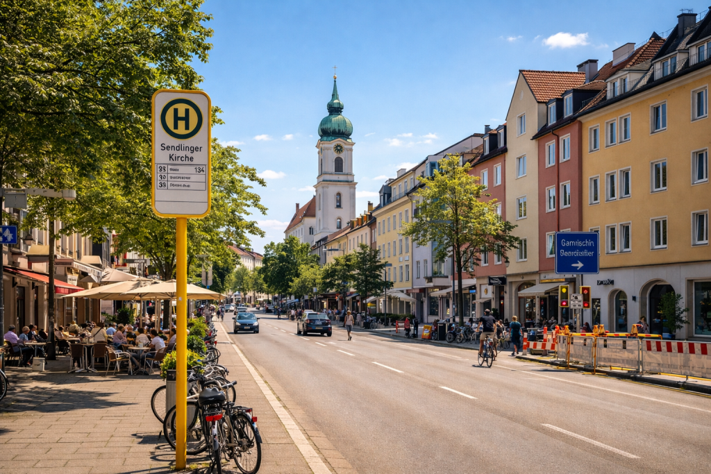 Sonnige Straßenszene in München-Sendling mit bunten Altbauten, Cafés und Kirchturm im Hintergrund.