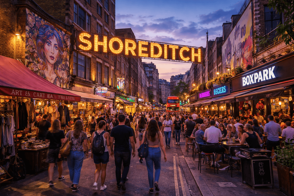 Urbanes Straßenbild in Shoreditch mit moderner Architektur und kreativem Flair