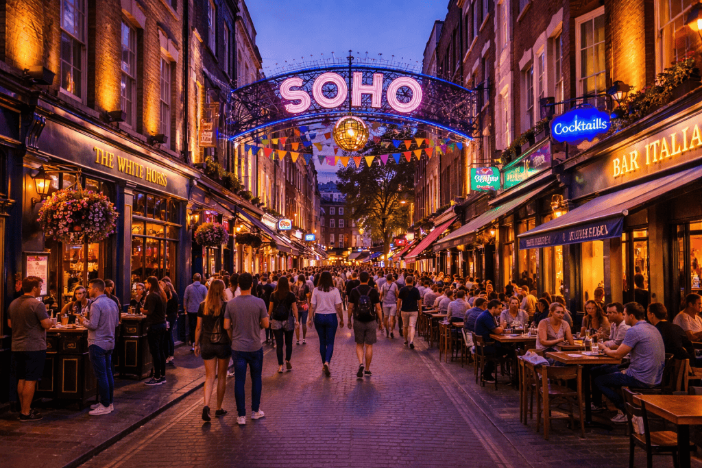 Straßenszene in Soho mit Restaurants, Bars und lebendigem Stadtleben am Abend