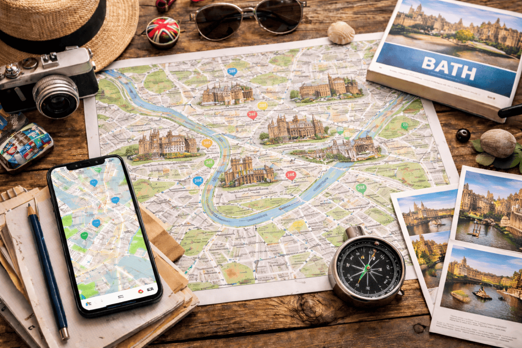 Stadtplan von Bath mit Handy, Karten und modernem Kompass