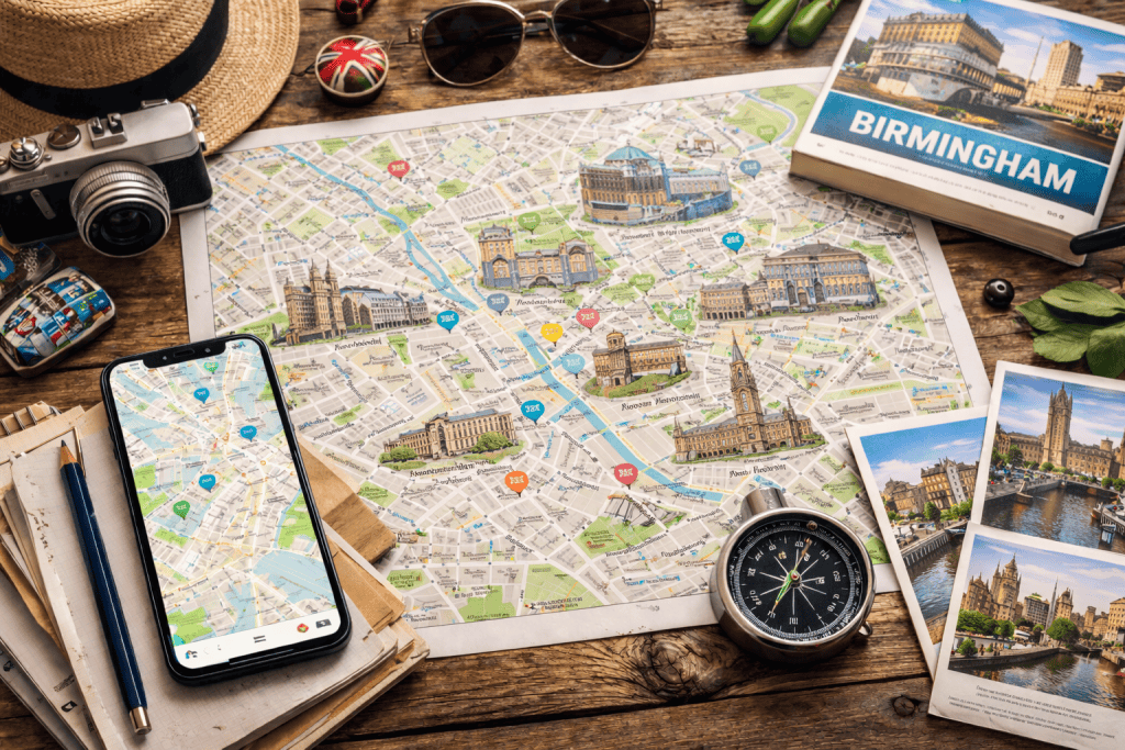 Stadtplan von Birmingham mit Smartphone, mehreren Karten und modernem Kompass