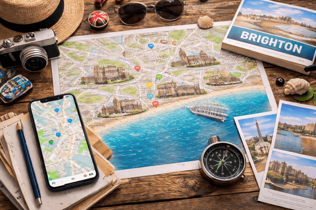 Stadtplan von Brighton mit Handy, Kartenmaterial und Kompass in maritimer Umgebung