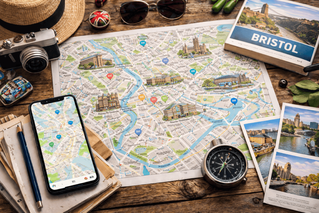 Stadtplan von Bristol mit Smartphone, Karten und Kompass auf Holztisch