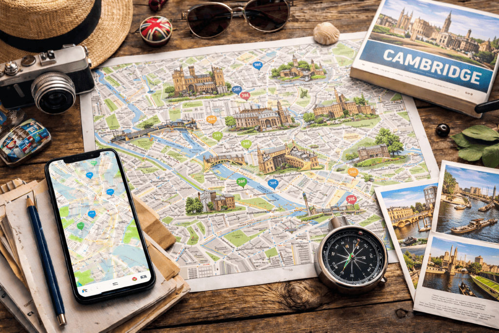 Stadtplan von Cambridge mit Handy, mehreren Karten und Kompass