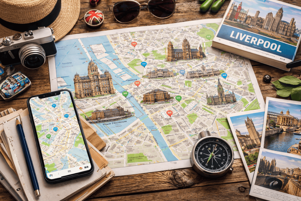Stadtplan von Liverpool mit Handy, Reisekarten und Kompass auf rustikaler Oberfläche