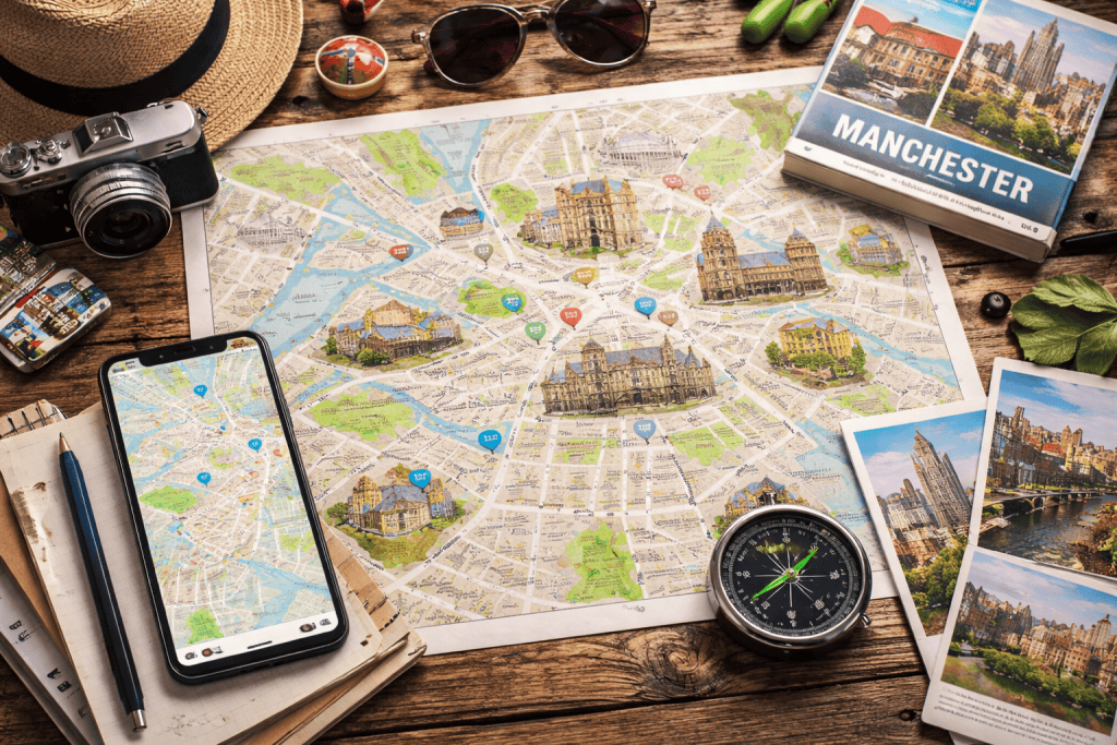 Stadtplan von Manchester mit Smartphone, Kartenmaterial und modernem Kompass auf Holztisch