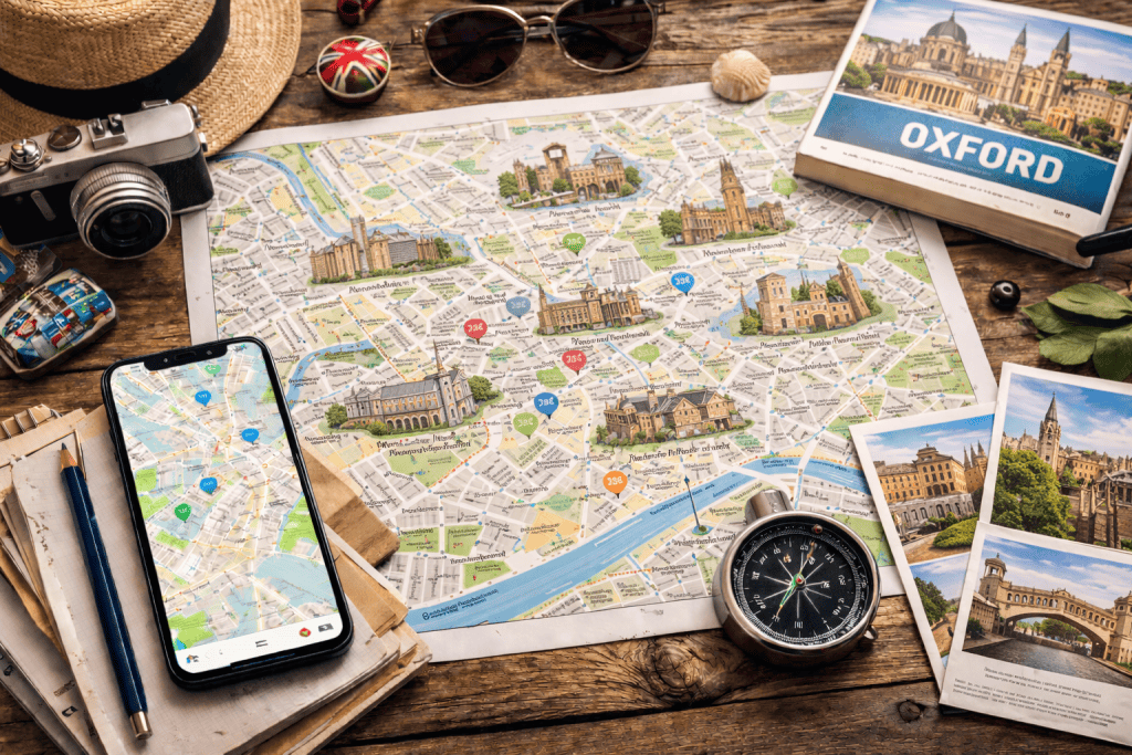 Stadtplan von Oxford mit Smartphone, Karten und modernem Kompass