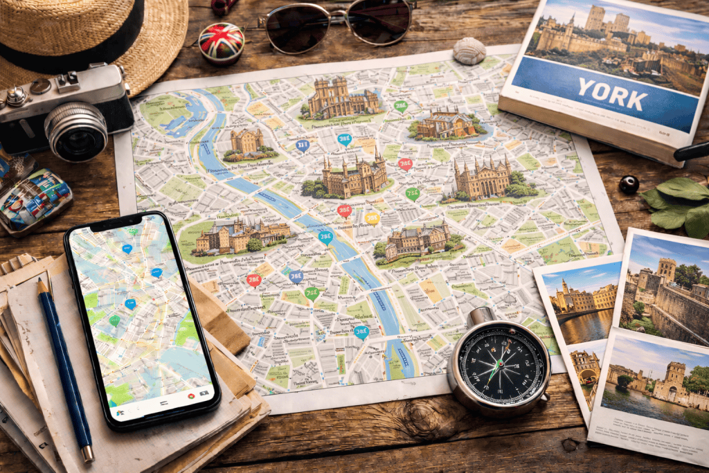Stadtplan von York mit Smartphone, Kartenmaterial und Kompass auf Holztisch